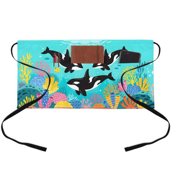 Ocean Whales Waitress Apron with 3 Pockets, Summer Coastal Sea Corals Teal Turquoise Server Aprons Waterproof Kitchen Restaurant Half Waist Apron for Men Women