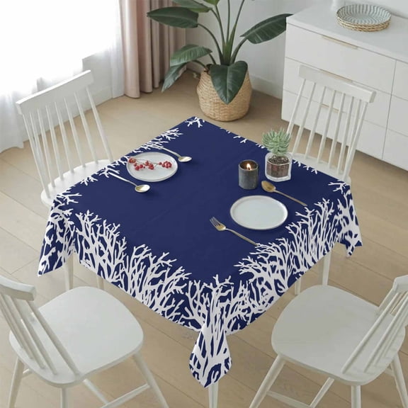 Ocean White Coral on Blue Background Table Cloth 54x54in, Waterproof Square Tablecloth Wipeable Tablecloths Marine Life Table Covers for Dining Tables Party Indoor Outdoor
