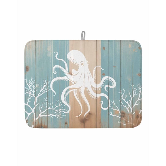 Ocean White Octopus Coral Dish Drying Mats for Kitchen Counter,Absorbent Microfiber Dish Drainer Rack Mat Vintage Wood Board Marine Creature Drying Pad for Sinks,Utensils,Countertops,18x24in