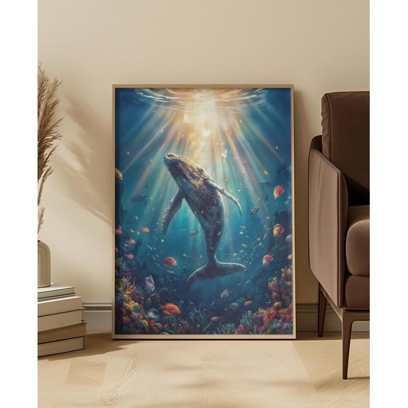 Ocean Wildlife Humpback Whale Art Print Blue Sunlit Underwater Reef Scene