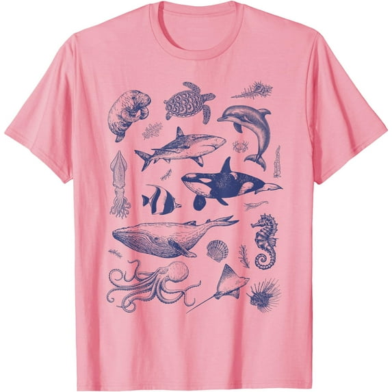 Ocean Wildlife Vintage Shark Turtle Octopus Graphic Tees Softstyle Unisex T-Shirt,Light Pink Color,Size 4T