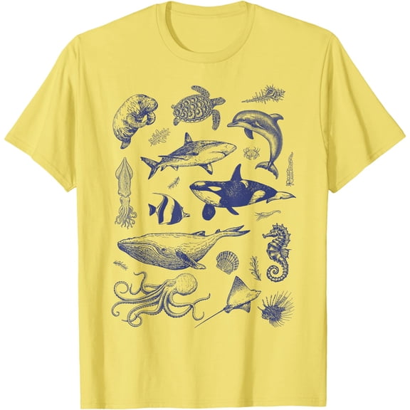 Ocean Wildlife Vintage Shark Turtle Octopus Graphic Unisex T-Shirt for Men Women Kids Toddler,Cornsilk Color,Size YXS