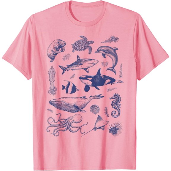 Ocean Wildlife Vintage Shark Turtle Octopus Graphic Unisex T-Shirt for Men Women Kids Toddler,Light Pink Color,Size YS