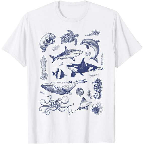 Ocean Wildlife Vintage Shark Turtle Octopus Graphic Unisex T-Shirt for Men Women Kids Toddler,White Color,Size 2XL