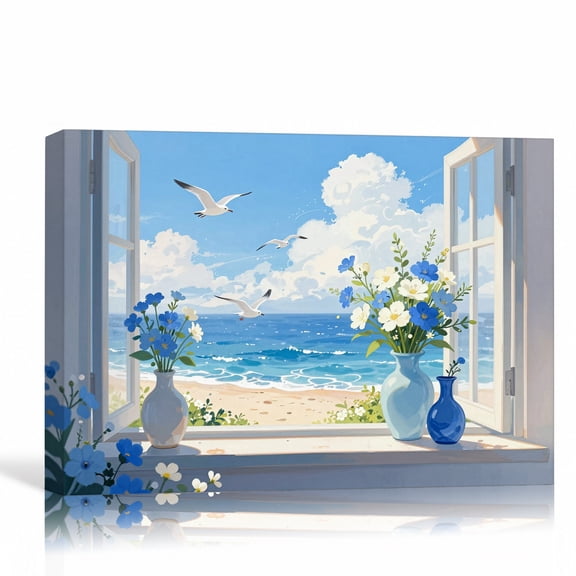 Ocean Window Blue Flowers Wall Art Large Coastal Canvas Print Gallery Wrapped Canvas Bedroom Decor 36"L x 24"W