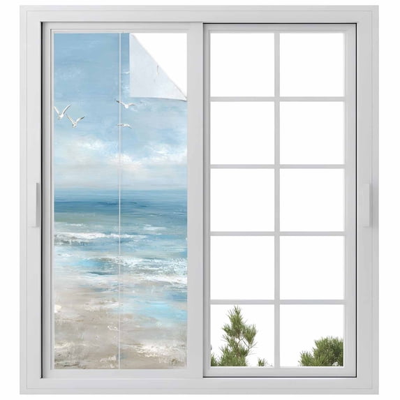 Ocean Window Privacy Film, Summer Beach Seagull Oil Painting Coastal Frosted Glass Window Clings Static Cling UV Heat Blocking Reusable Door Sticker for Bathroom 29.5 x 78.7 Inch