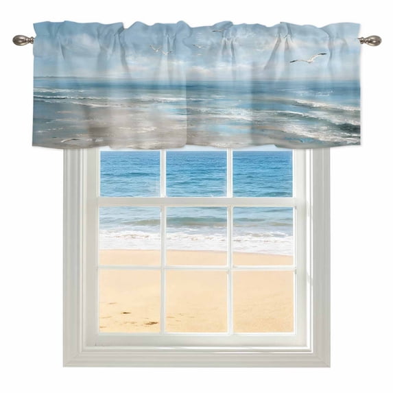 Ocean Window Valance for Kitchen, Summer Beach Seagull Oil Painting Coastal Rod Pocket Short Curtain for Small Windows, Light Filtering Decorative Valance, 60 x 14 Inch
