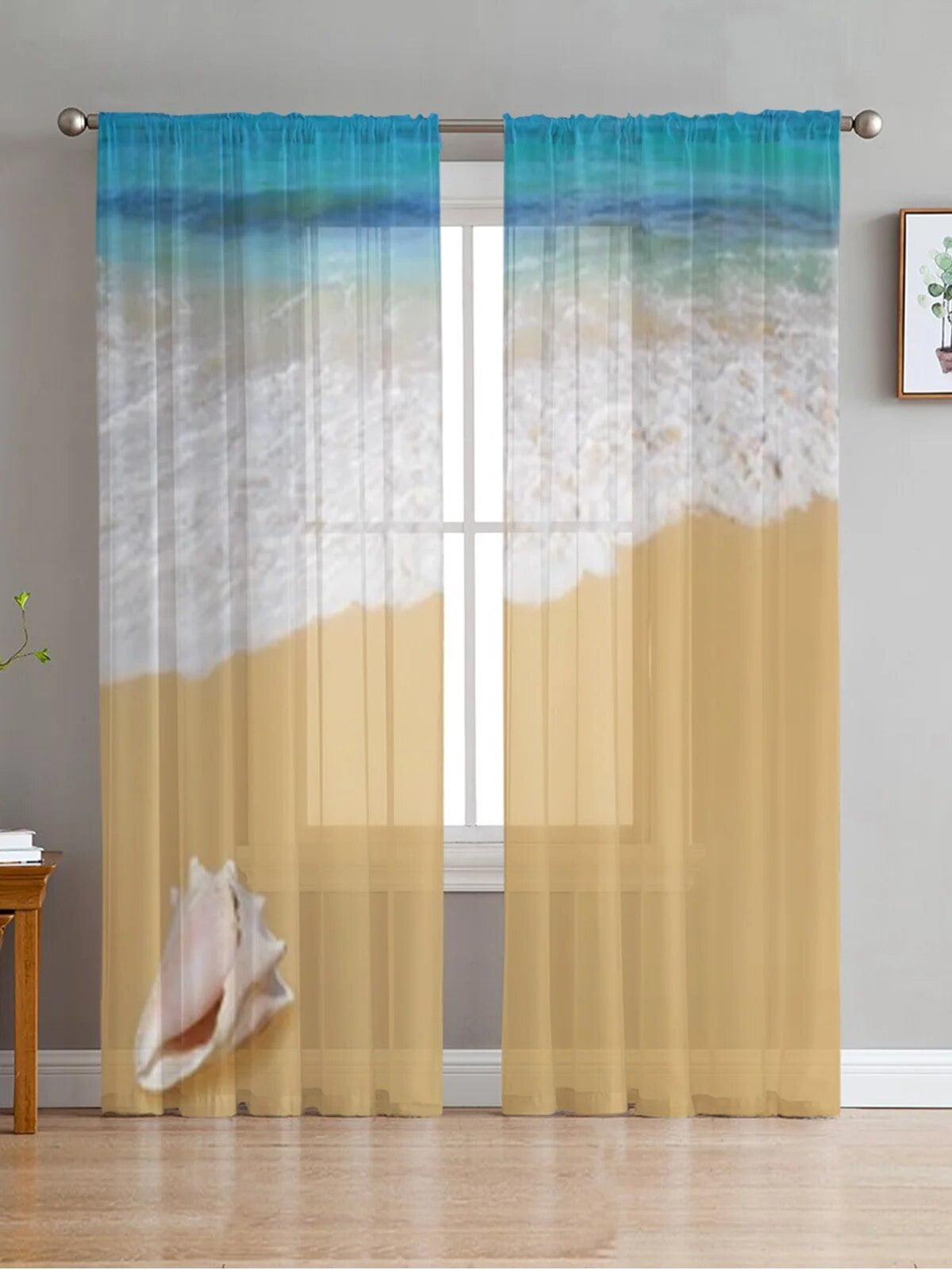 Ocean With Sandy Beach And Seashell Sheer Curtains Bedroom Voile ...