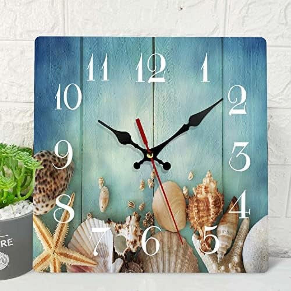 Ocean Wooden Wall Clock Silent Non Ticking Summer Sea Shell Wood Blue ...