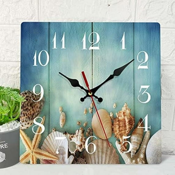 Ocean Wooden Wall Clock Silent Non Ticking Summer Sea Shell Wood Blue Beach Vintage Square Rustic Coastal Decor Home Kitchen Living Room Office Batte