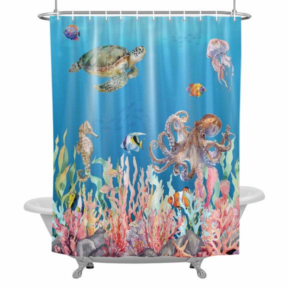 Ocean World Bathroom Shower Curtain, Sea Turtle Jellyfish Octopus Seahorse Coral Waterproof Washable Soft Bath Curtain for Bathtub Decor with 12 Hooks&Grommet, 36x72 Inch