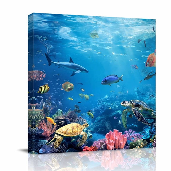 Ocean World Canvas Wall Art for Living Room, Sea Turtle Coral Starfish Fish Shark Fantasy Wall Decor Framed Artwork Pictures Ready to Hang for Bedroom Office Home Decor