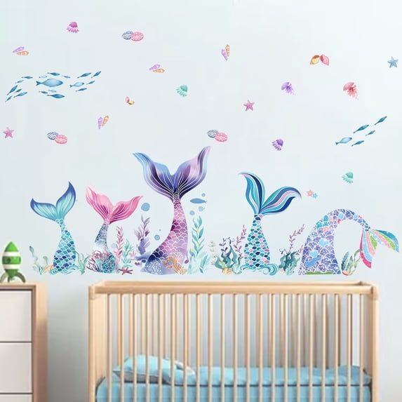 Ocean World Fish tail stickers, Mermaid Fish posters, bathroom glass decals, transparent stickers, DIY Living room Bedroom stickers, wall decals, kitchen wall stickers