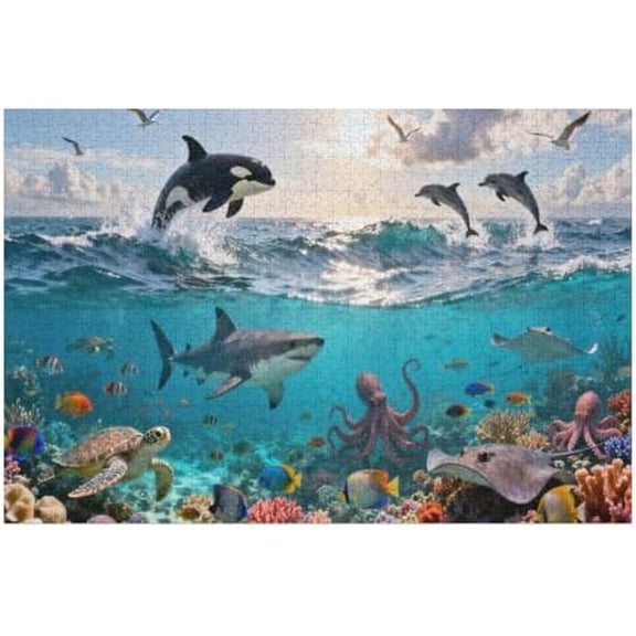 Ocean World Jigsaw Puzzle 500 Pieces, Underwater Sea Life Illustration Puzzle for Adults and Teens, Holiday Educational Challenge Family 20.5x15 in