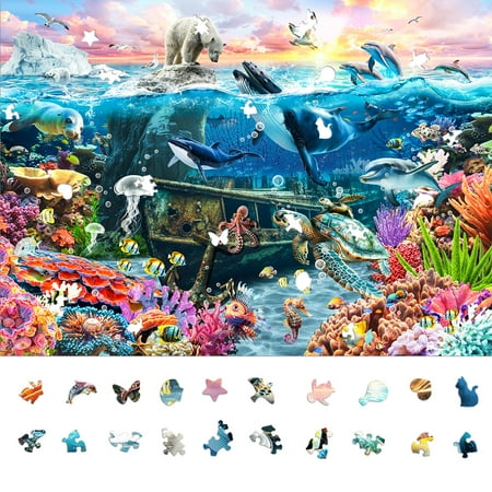 Ocean World Jigsaw Puzzles MSF2 for Adults 1000 Pieces, Challenging Shaped Puzzle Underwater, sea Life Jigsaw Puzzles with 6 Color on Back for Game Night, Family, Friends, Puzzle Size 26.6 x 19.2