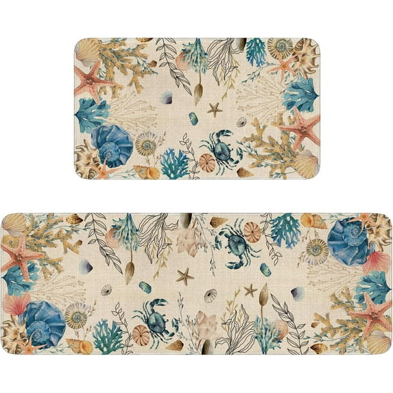 Ocean World Kitchen Rugs Set of 2, Coastal Coral Kitchen Mats for Floor, Summer Sink Mat Home Decor Doormat+Runner Rug
