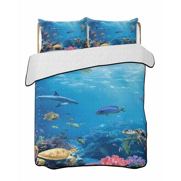 Ocean World Quilts Bedding Set Twin Size Sea Turtle Coral Starfish Fish Shark Fantasy Lightweight Quilted Bedspread 3 Piece Bed Quilt with 2 Pillow Shams All Season for Bedroom 68" x 86"