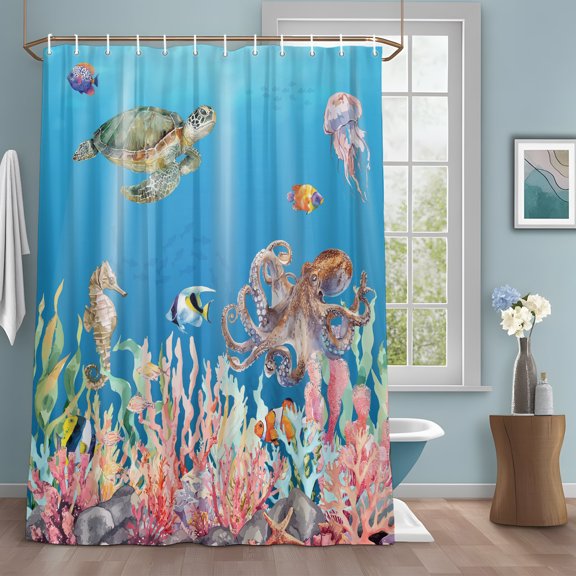 Ocean World Shower Curtain with Hooks, Sea Turtle Jellyfish Octopus Seahorse Coral Water Repellent Shower Curtains for Bathroom Decor Sturdy Shower Curtain, Machine Washable 36x78 Inch