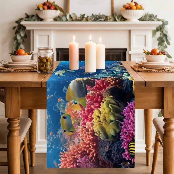 Ocean World Table Runner, Sea Turtle Coral Starfish Fish Shark Fantasy Cotton Linen Kitchen Table Decoration Washable Dining Tabletop Runners for Home Party Decor 13x36 Inches