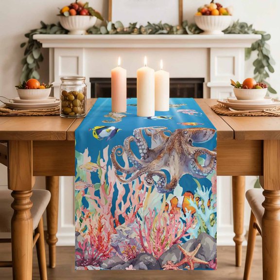 Ocean World Table Runner, Sea Turtle Jellyfish Octopus Seahorse Coral Cotton Linen Kitchen Table Decoration Washable Dining Tabletop Runners for Home Party Decor 13x36 Inches