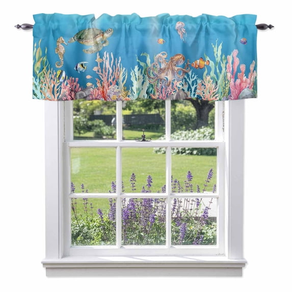 Ocean World Valance Curtain Sea Turtle Jellyfish Octopus Seahorse Coral Window Valances Rod Pocket Short Curtains Window Treatments for Kitchen Bedroom Bathroom Laundry 60" x 14"