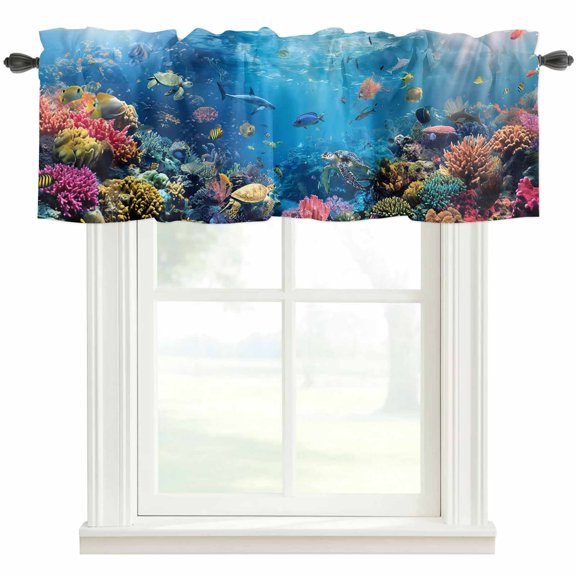 Ocean World Valances for Windows Sea Turtle Coral Starfish Fish Shark Fantasy Rod Pocket Curtain Valance Window Treatment Short Curtains for Kitchen Living Room, 42"x18"