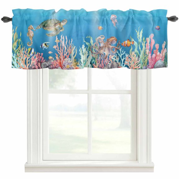 Ocean World Valances for Windows Sea Turtle Jellyfish Octopus Seahorse Coral Rod Pocket Curtain Valance Window Treatment Short Curtains for Kitchen Living Room, 58"x16"