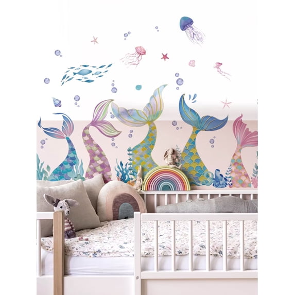 DIY Mermaid Tail Wall Stickers Under The Sea Mermaid Bubble Seaweed ...