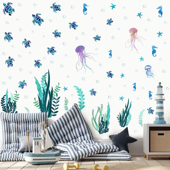 Ocean World seaweed decals, ocean fish stickers, jellyfish wall stickers Transparent decal Peel and Stick Removable Wall Stickers for Living Room Bedroom TV Wall