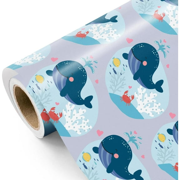 Ocean Wrapping Paper Roll - Mini Roll - 17 Inch x 9.8 Feet - Adorable Whale Dolphin Design for Boys Girls Kids Birthday, Baby Shower