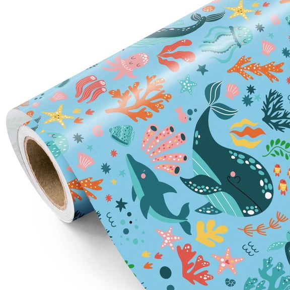Ocean Wrapping Paper Roll - Mini Roll - 17 Inch x 9.8 Feet - Octopuses Fish Design for Boys Girls Birthday, Baby Shower