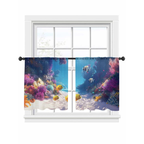 Ocean Yellow Fish Sheer Curtains 45 Inch Long 2 Panels, Nautical Watercolor Sea Fish Coral Sunlight Light Filtering Rod Pocket Curtains, Sheer Voile Drapes for Living Room Bedroom, 52"x45"