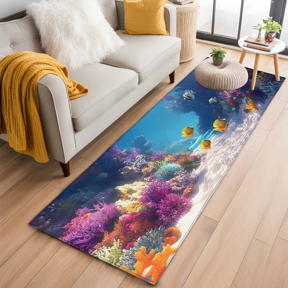 Ocean Yellow Fish Washable Runner Rugs 2'x6', Nautical Watercolor Sea Fish Coral Sunlight Low Pile Throw Entryway Rug Non-Slip Sturdy Edge Binding Carpet for Indoor Bedside Entrance Bedside