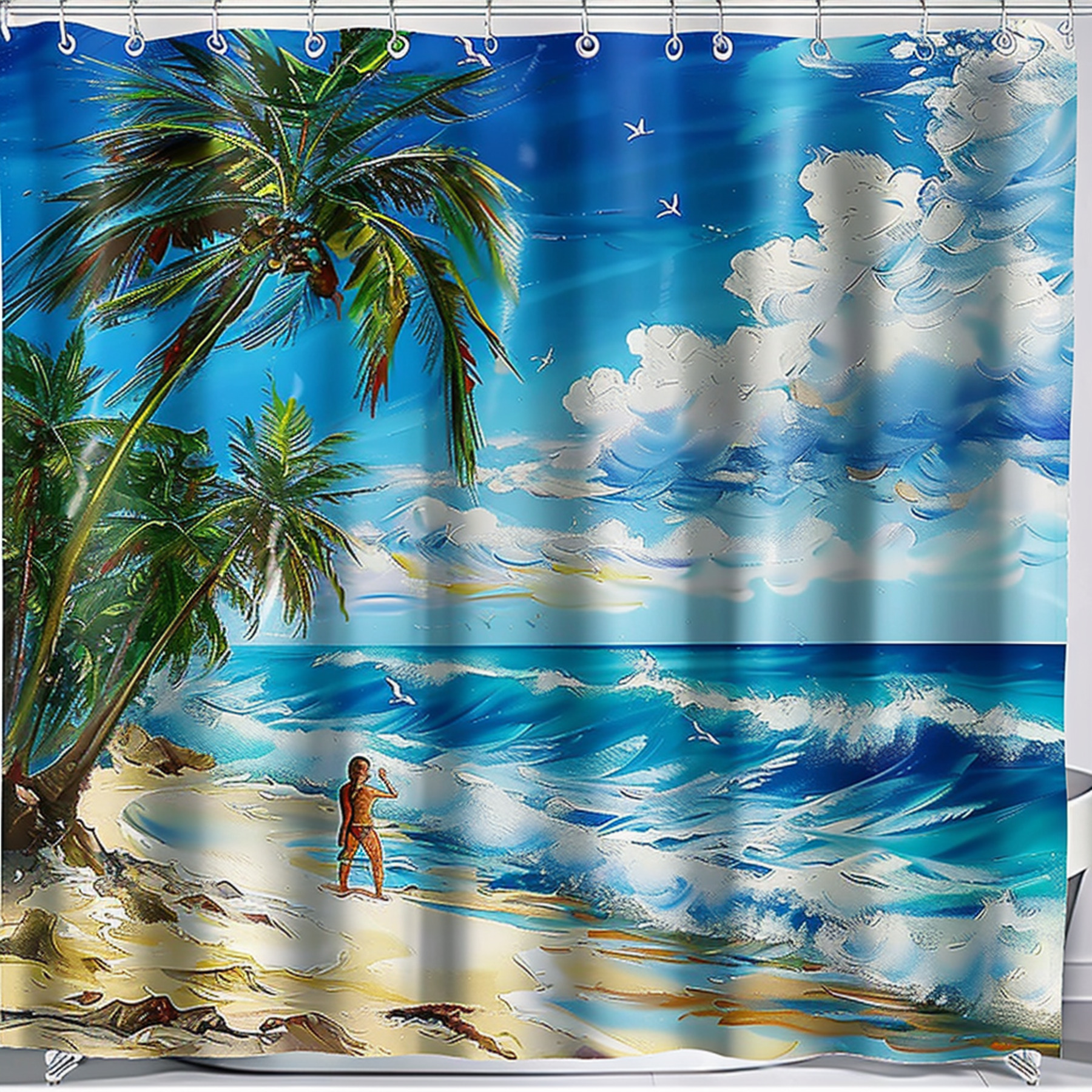 Ocean and Palm Trees Shower Curtain Tropical Beach Bathroom Decor with