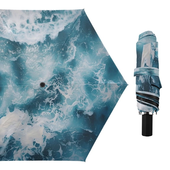 Ocean and Wave Compact Sun Umbrella Windproof Travel Umbrellas for Rain Strong Portable UV Protection