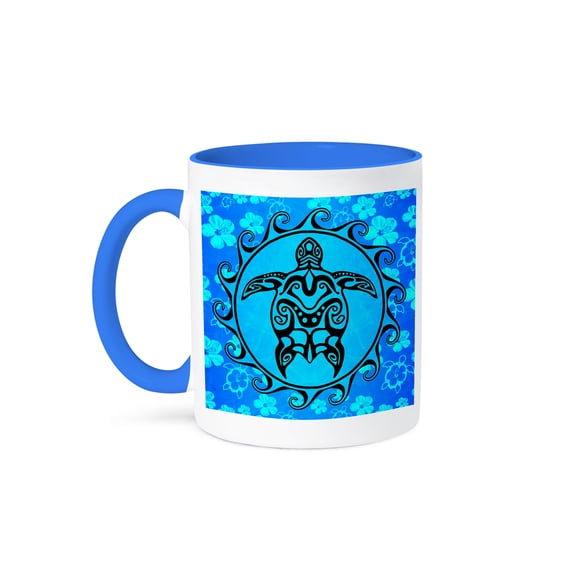 3dRose, Ocean blue tribal sea turtle, Maori Sun Polynesian symbol and pattern., 11oz Two-Tone Blue Mug