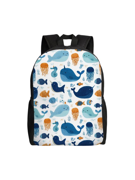 Ocean creatures pattern Backpack with 15 Inch Laptop Compartment,Water-Resistant Daypack, Large Capacity Backpack with Adjustable Breathable Shoulder Straps for Daily Use Travel Gym