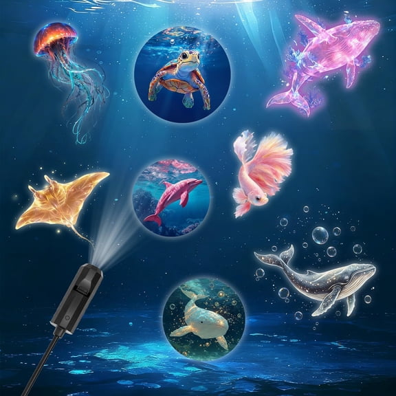Ocean projection light with 6 interchangeable marine life light panels (whale, jellyfish, sea turtle), USB powered, 360 rotating, creating an immersive underwater world a creative decorative gift.