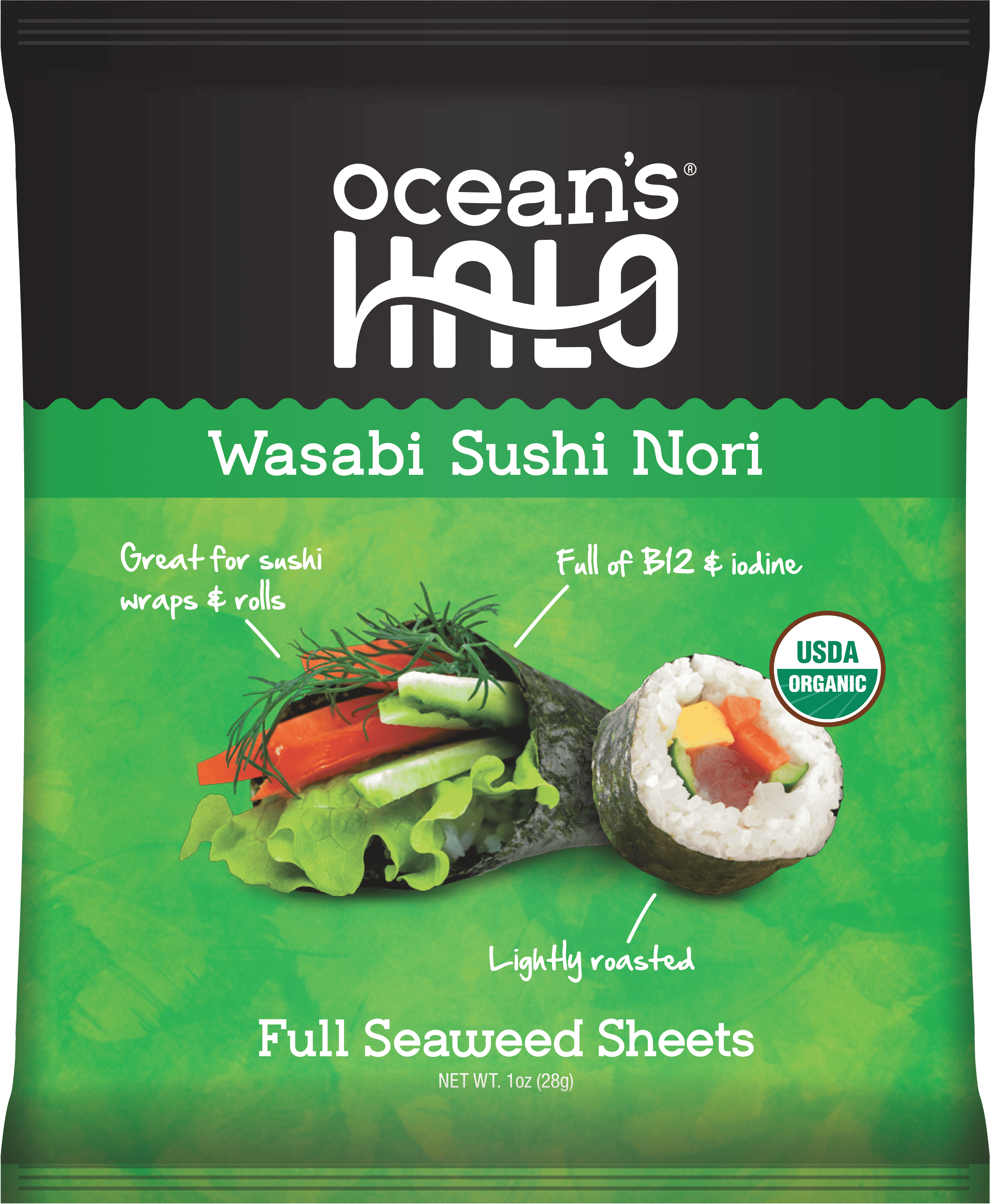 Ocean's Halo,1 PACK Wasabi Sushi Nori Seaweed Sheets, Organic