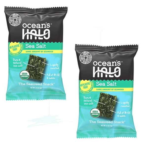 (2PACK),Ocean's Halo, Organic Trayless Seaweed Snack, Sea Salt, Vegan, No Plastic Tray, 1pk Nori, Shelf-Stable