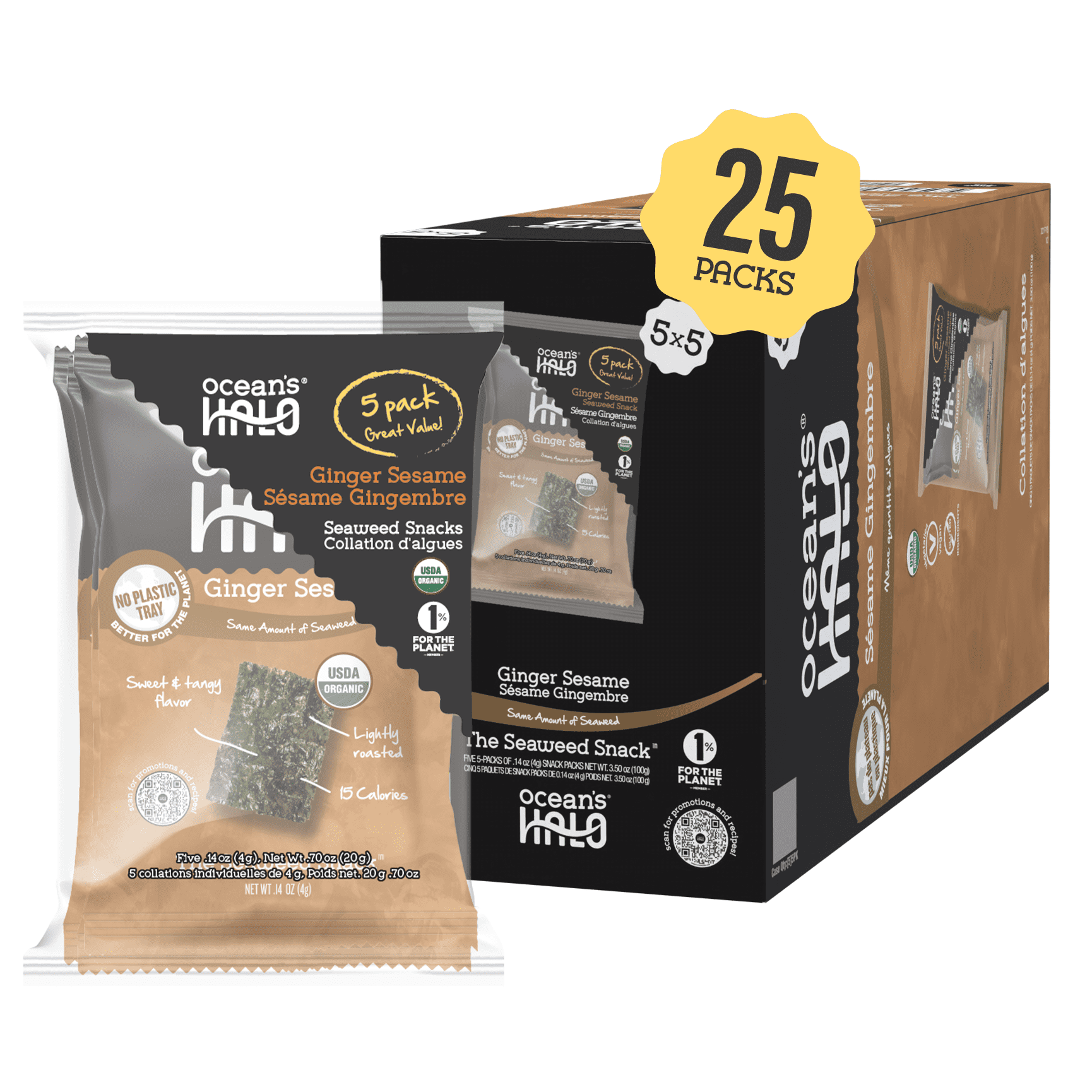 Walmart sales :  Ocean's Halo Organic Ginger Sesame Seaweed Snack, Crispy Nori Snack, 25 Pack Case