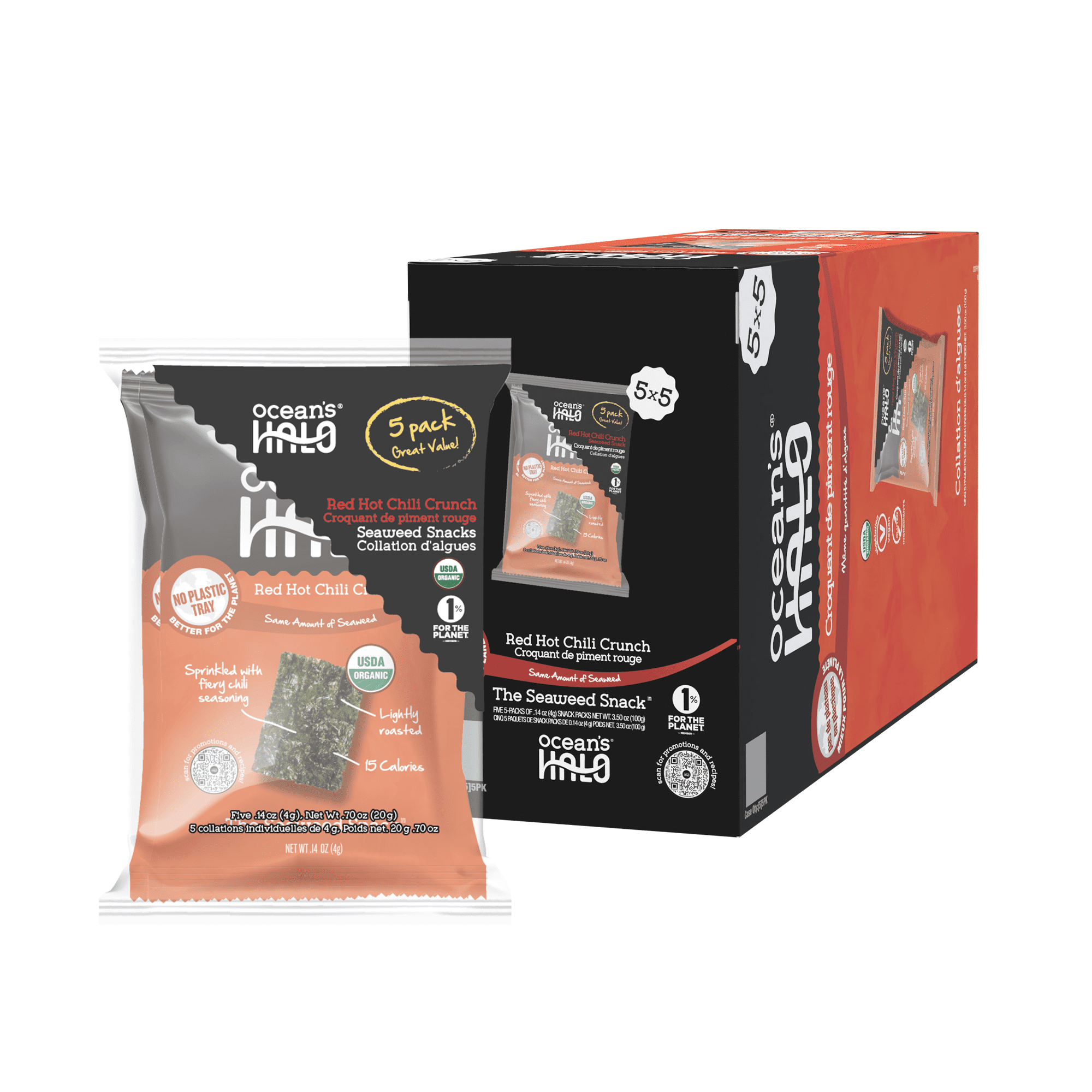 Walmart savings: Ocean's Halo Organic Red Hot Chili Seaweed Snack, 25 Pack Crispy Nori Case