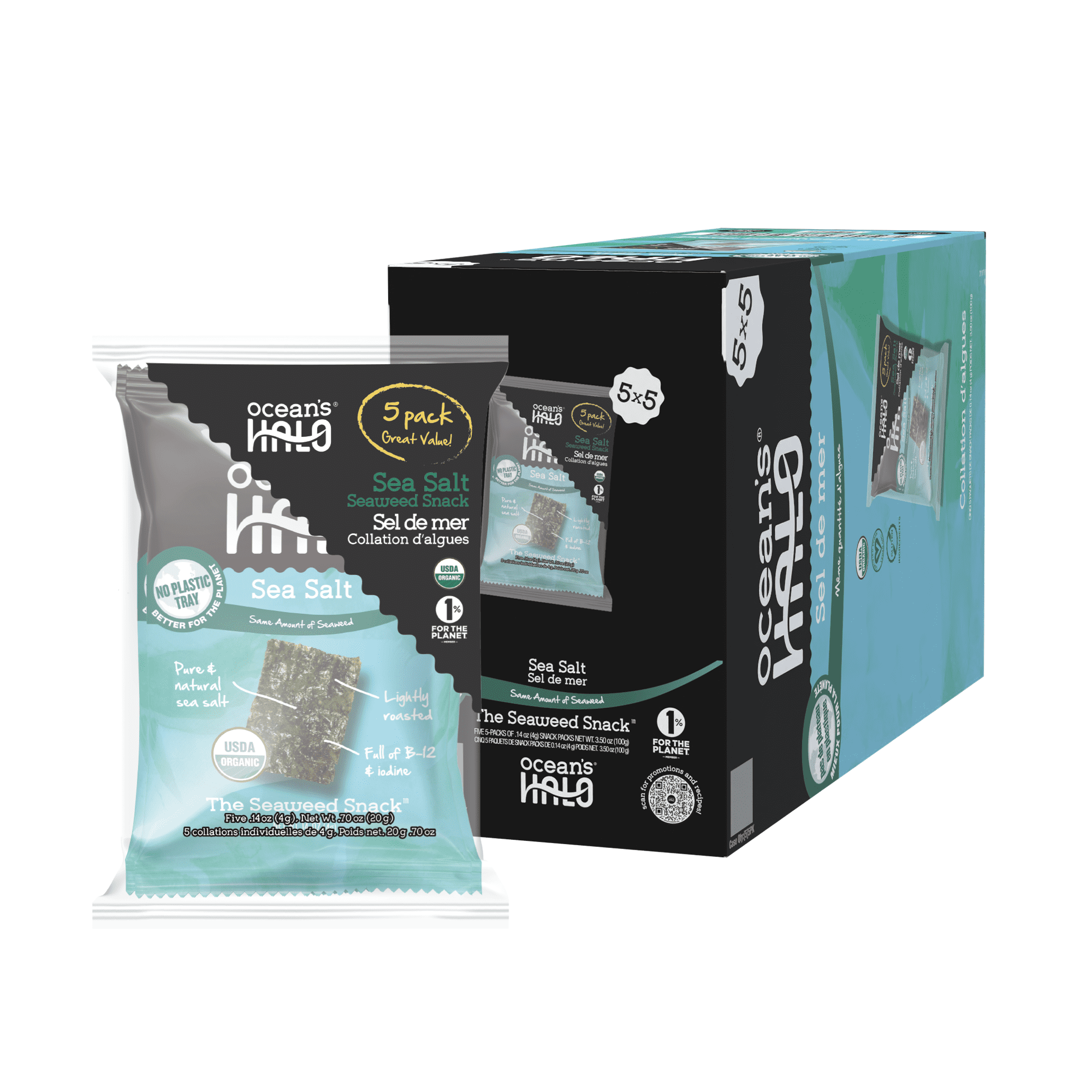 Ocean's Halo Organic Sea Salt Seaweed Snack, 25 Pack Crispy Nori Case