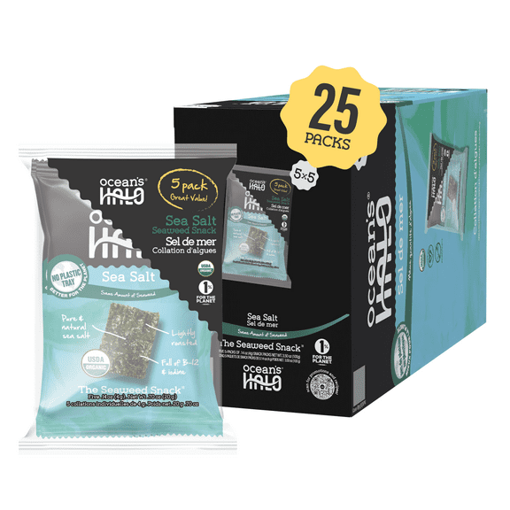 Ocean's Halo Organic Sea Salt Seaweed Snack, 25 Pack Crispy Nori Case