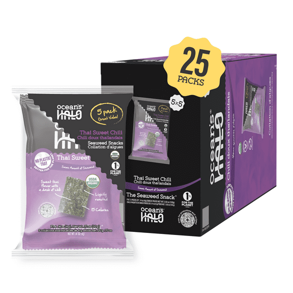 Ocean's Halo Organic Thai Sweet Chili Seaweed Snack, Crispy Nori Snack, 25 Pack Case