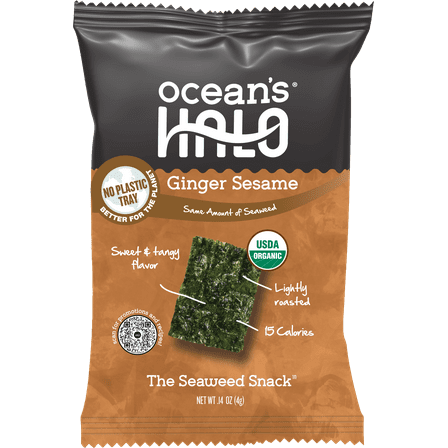 Ocean's Halo, Organic Trayless Seaweed Snack, Ginger Sesame, Vegan, Crispy Shelf-Stable Nori, 0.14 oz