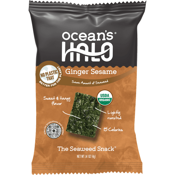 Ocean's Halo, Organic Trayless Seaweed Snack, Ginger Sesame, Vegan, Crispy Shelf-Stable Nori, 0.14 oz