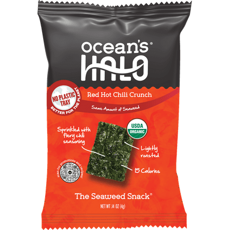 Ocean's Halo, Organic Trayless Seaweed Snack, Red Hot Chili Crunch, Vegan, No Plastic Tray, 0.14 oz