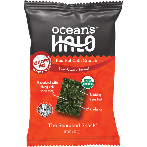 Ocean's Halo, Organic Trayless Seaweed Snack, Red Hot Chili Crunch, Vegan, No Plastic Tray, 0.14 oz