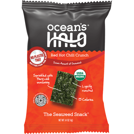 Ocean's Halo, Organic Trayless Seaweed Snack, Red Hot Chili Crunch, Vegan, No Plastic Tray, 0.14 oz
